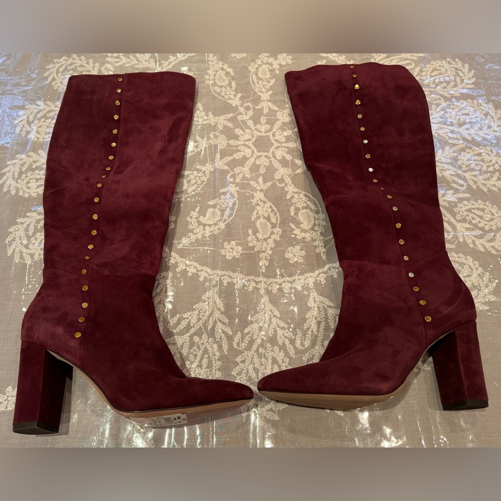 ❤️ NWT RALPH LAUREN SUEDE BRASS STUDDED BORDEAUX TALL BOOTS WITH ZIP. 7.5B